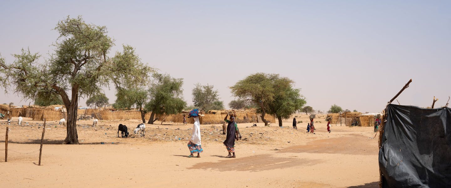 mensen in Niger lopen door uitgedroogd gebied