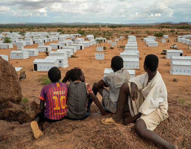 Vier jongens kijken over vluchtelingenkamp in Tsjaad