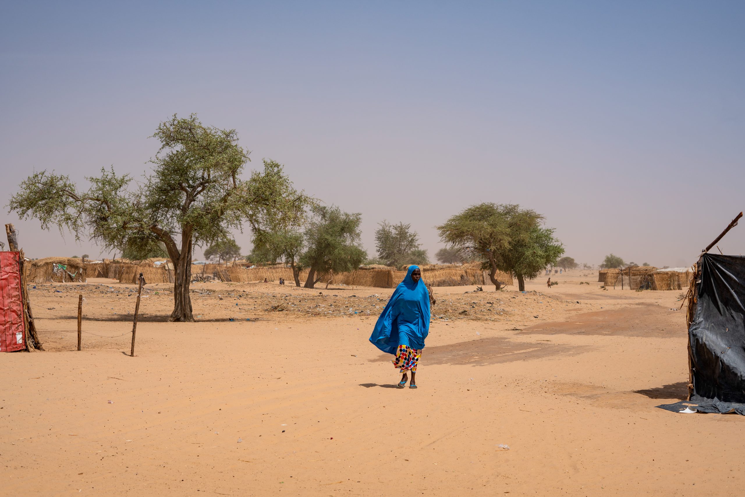 een vrouw loopt door een uitgedroogd gebied in Diffa, Niger