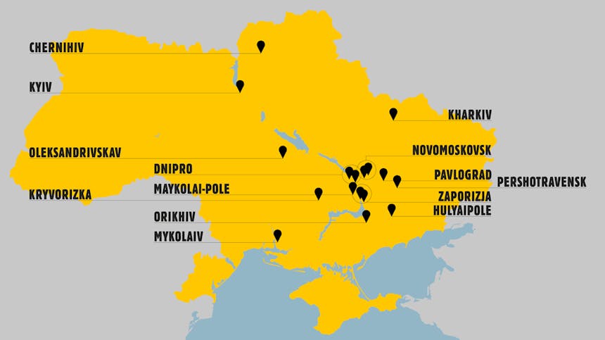 Locaties in Oekraïne waar medische hulp wordt geboden vanuit Stichting Vluchteling