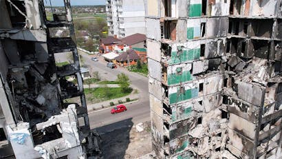 Verwoeste gebouwen in Oekraïne