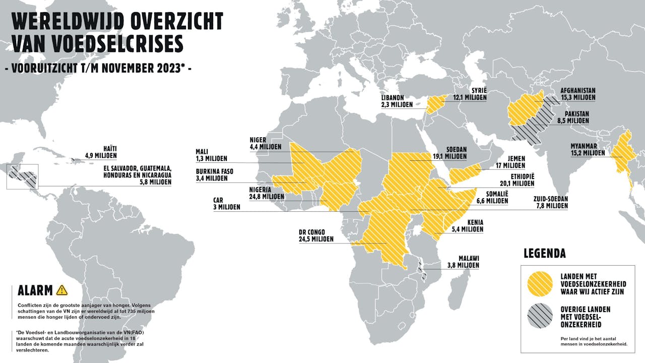 Wereldkaart met de hongerspots van 2023