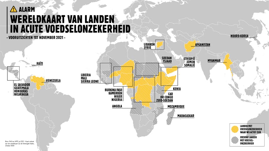 Wereldkaart van landen in acute voedselonzekerheid