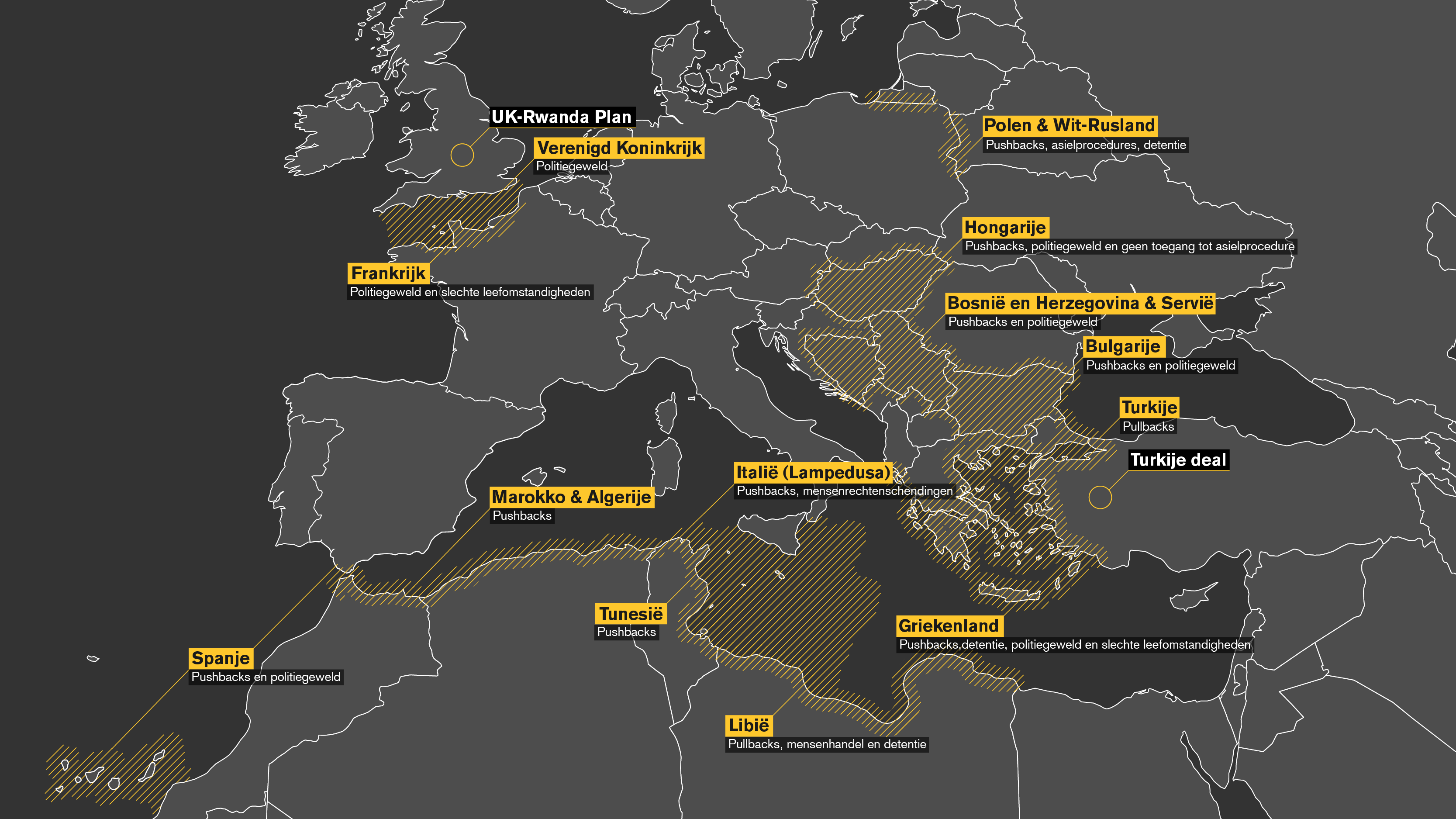 Kaart van Europa met landen waar pushbacks zijn