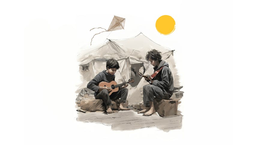 Illustratie van twee jongen die gitaar spelen voor een tent