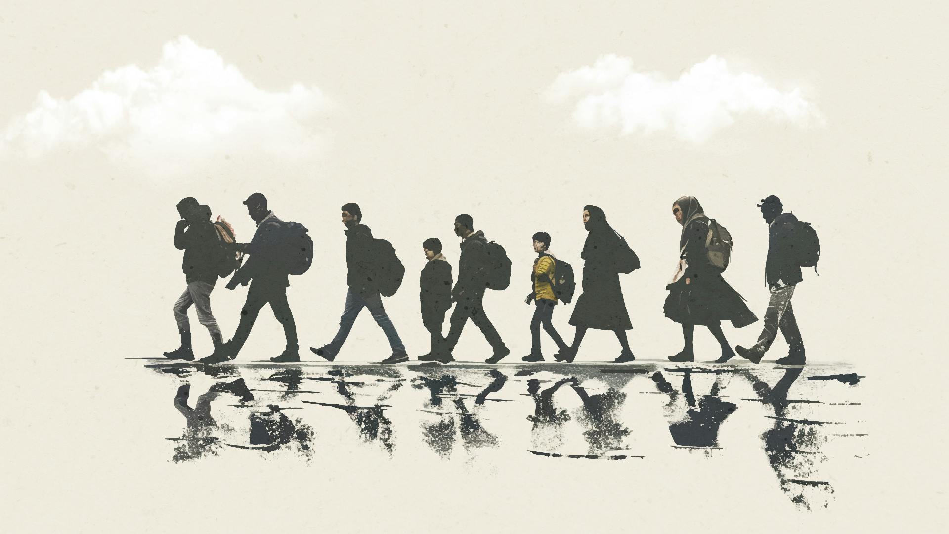 Illustratie van een groep lopende mensen op de vlucht met een zachtgele achtergrond