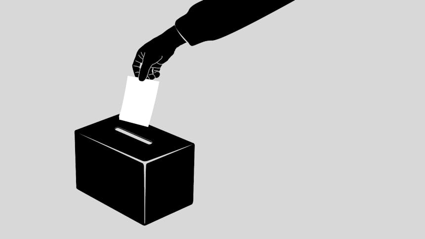 Illustratie van een hand die een stembiljet in een stembus steekt