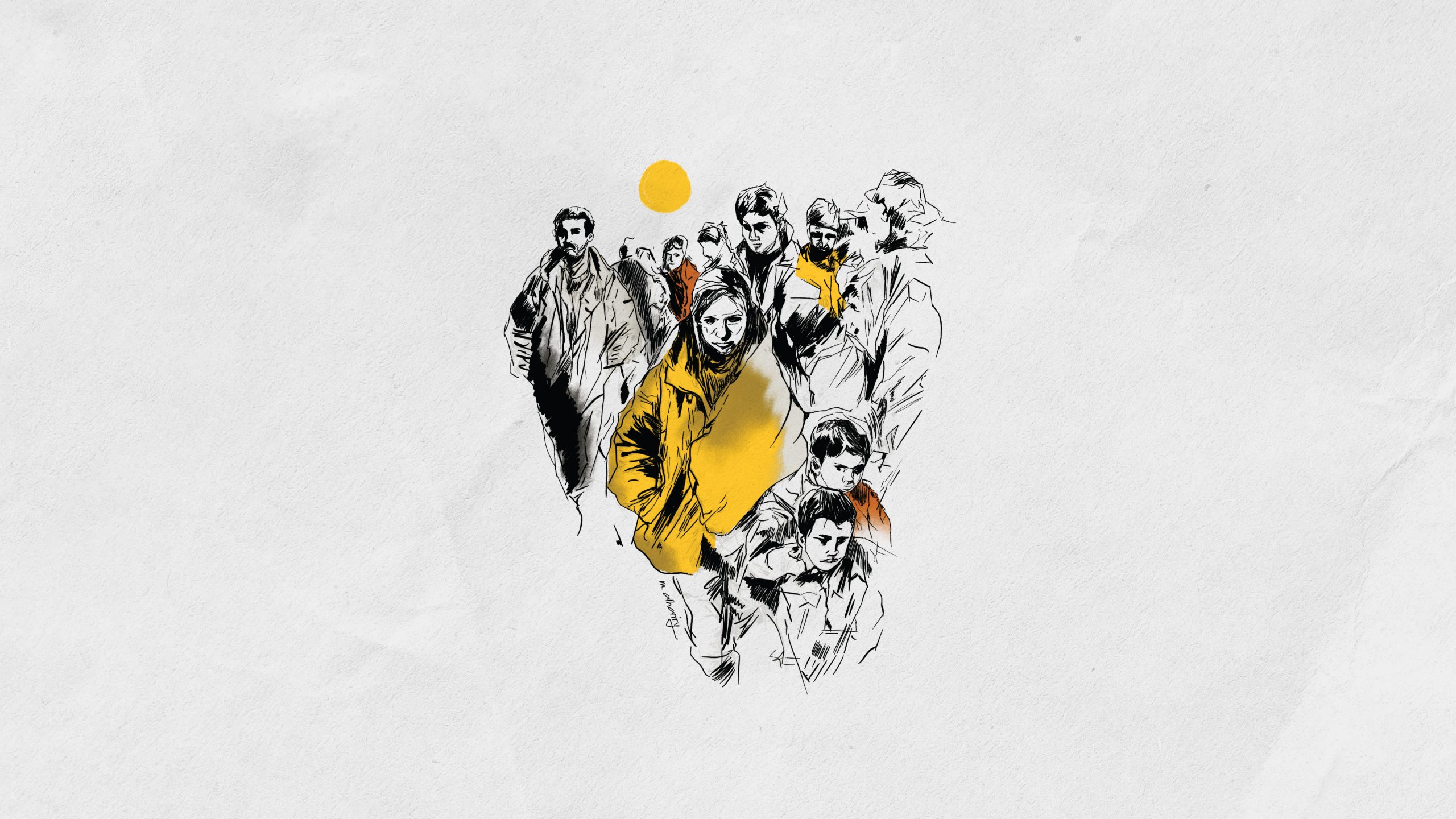 illustratie van een groep mensen die naar je toe komen lopen. achter hen schijnt de zon.