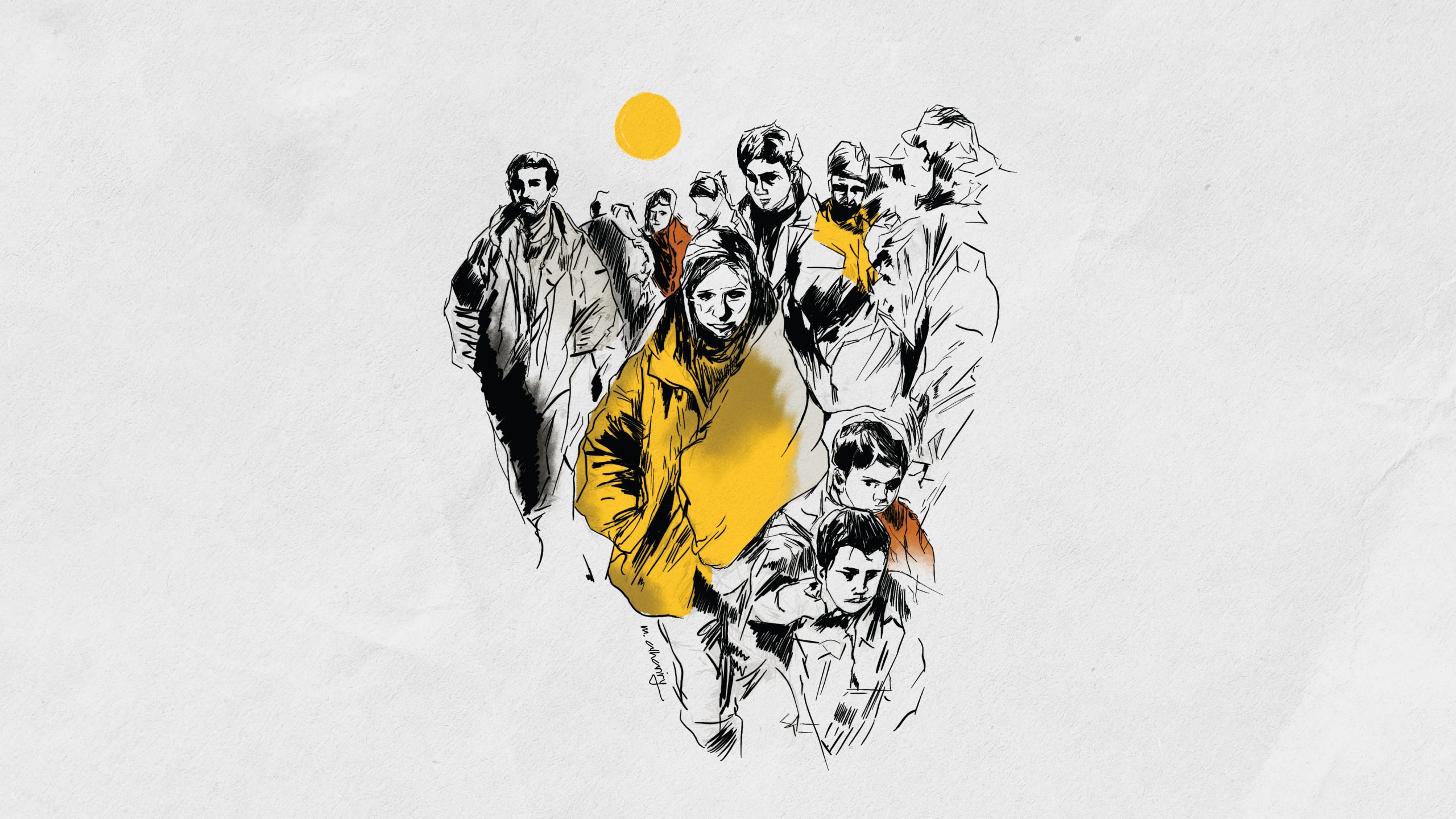 illustratie van een groep mensen die naar je toe komen lopen. achter hen schijnt de zon.