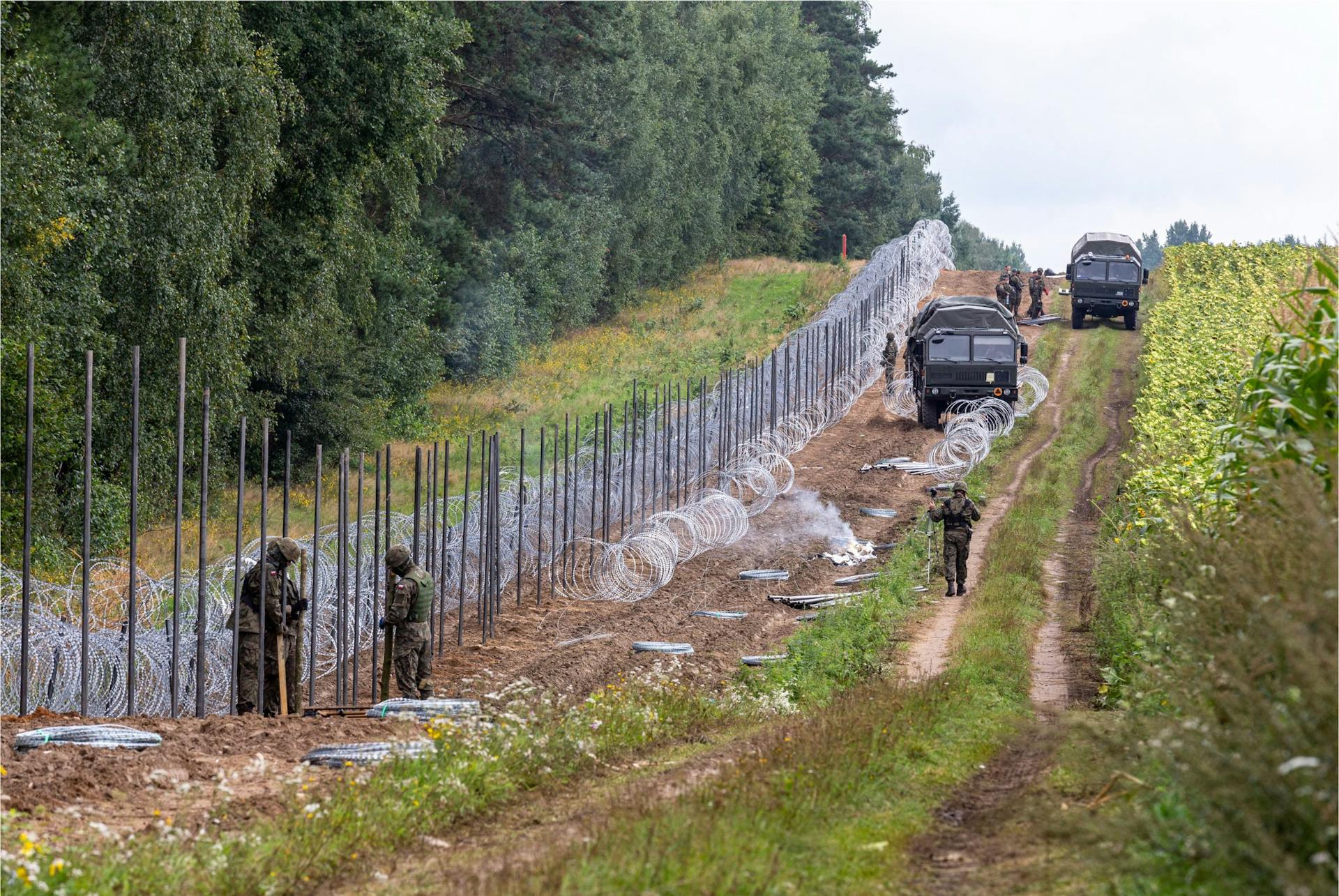 Grens met prikkeldraad tussen Polen en Belarus