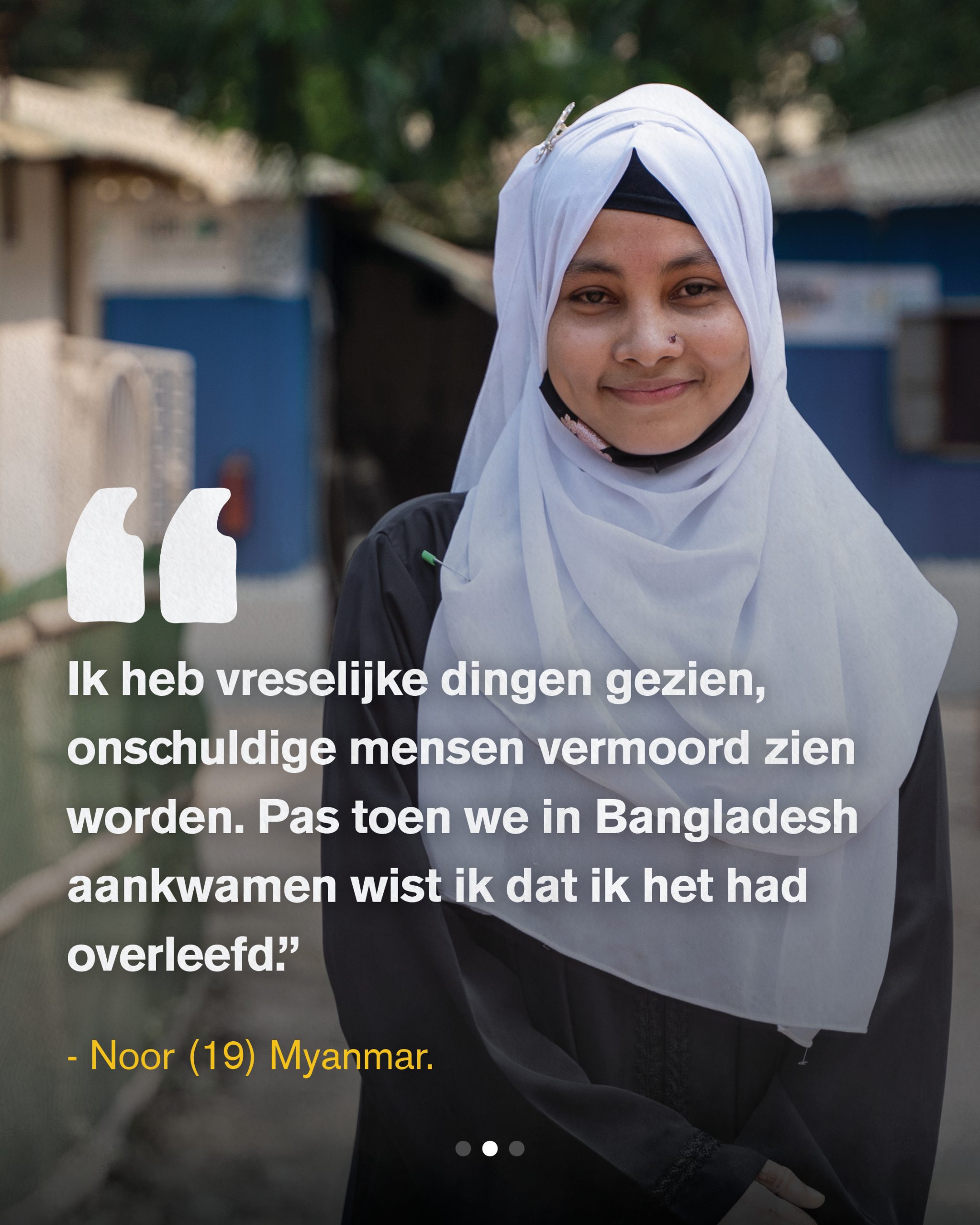 portretfoto met quote van een Rohingya-vluchteling uit Myanmar
