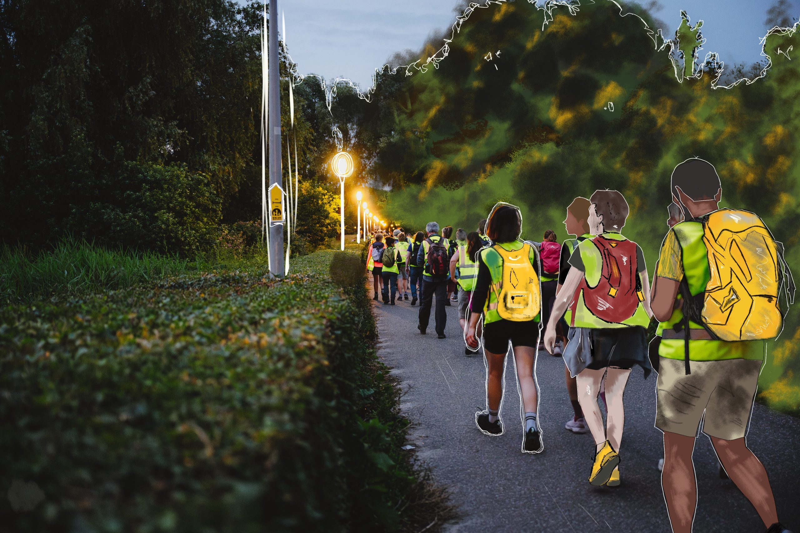 illustratie van wandelaars tijdens de Nacht van de Vluchteling. Tekst: Jubileumroute 50 km.