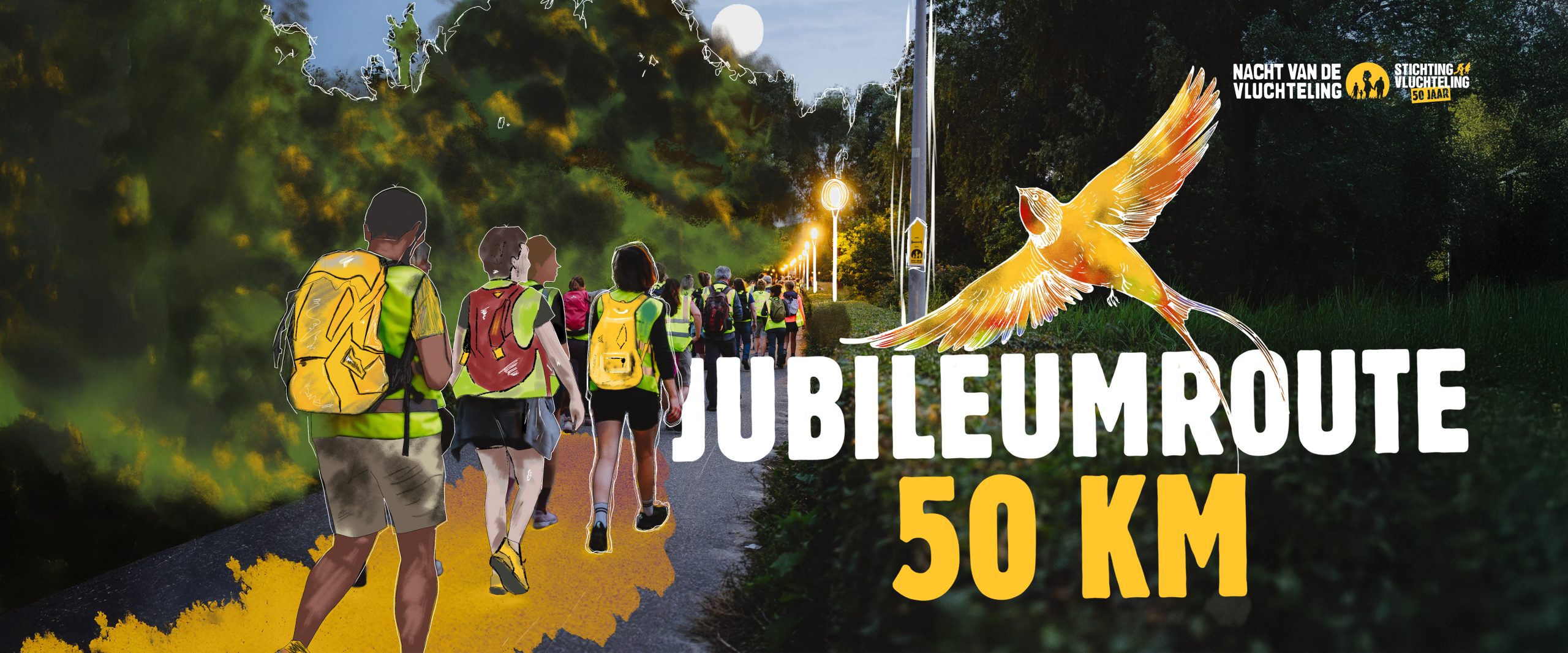 illustratie van wandelaars tijdens de Nacht van de Vluchteling. Tekst: Jubileumroute 50 km.