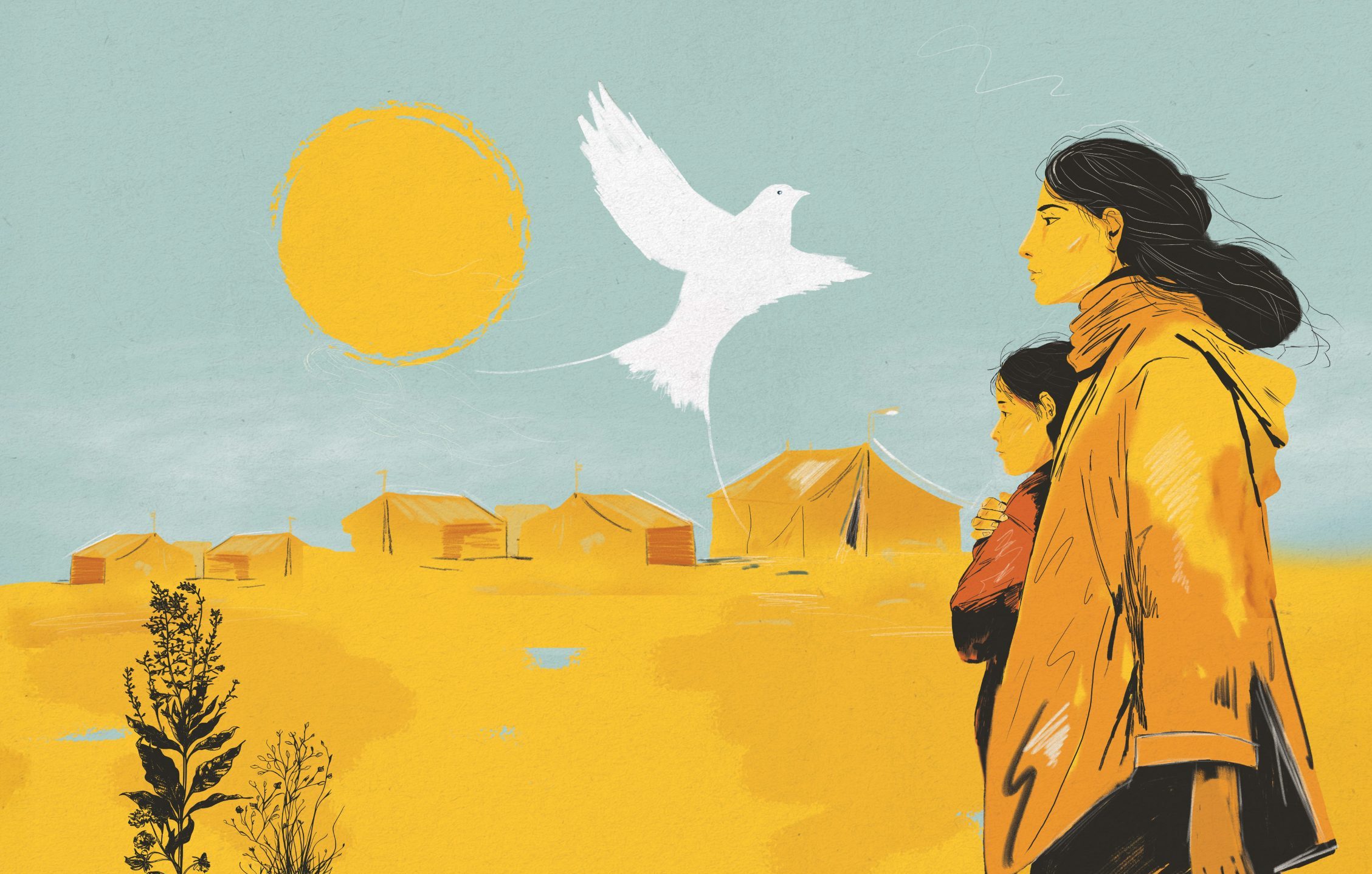 illustratie van een vrouw met een kind met op de achtergrond een vluchtelingenkamp