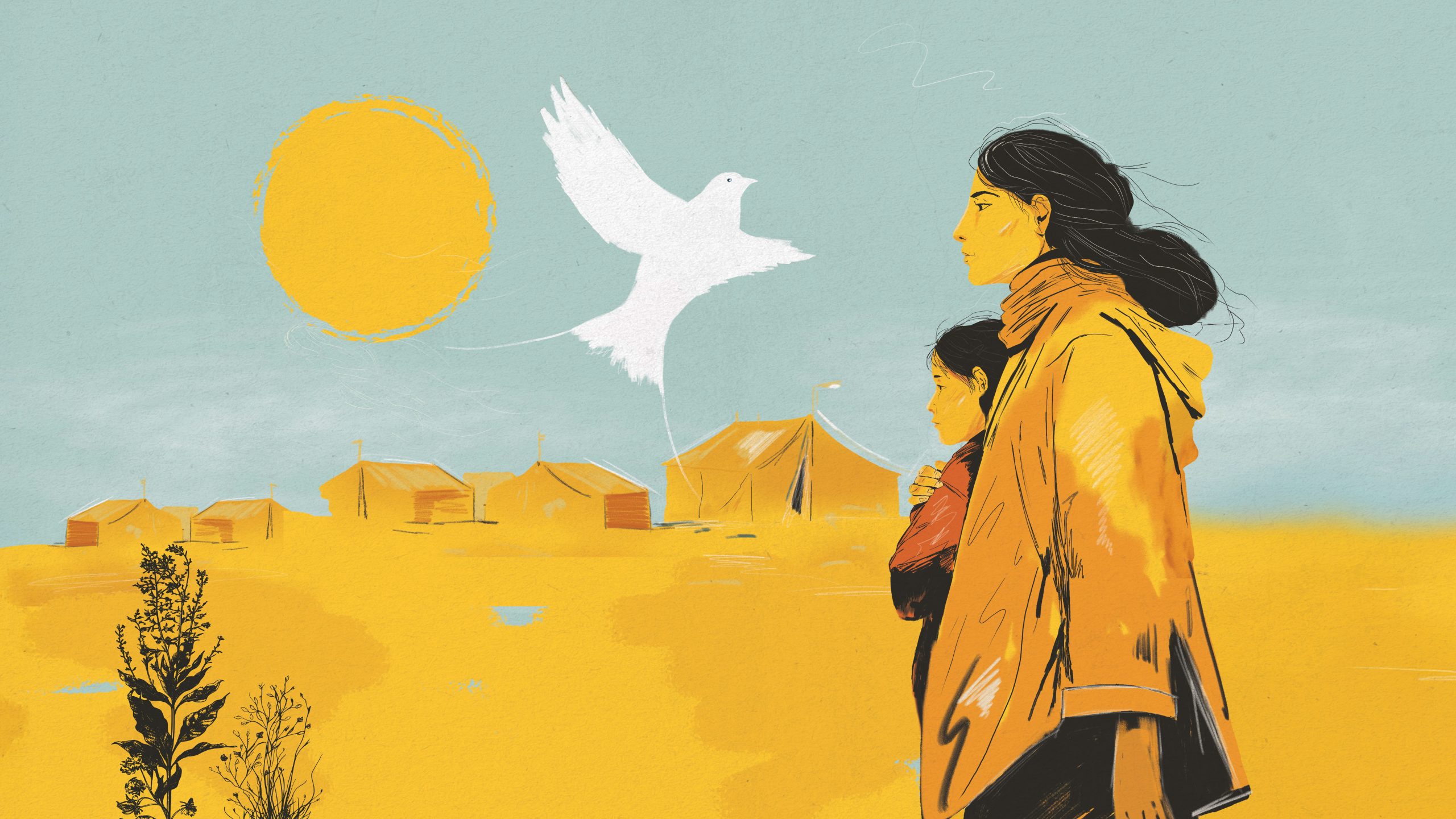 illustratie van een vrouw met een kind met op de achtergrond een vluchtelingenkamp